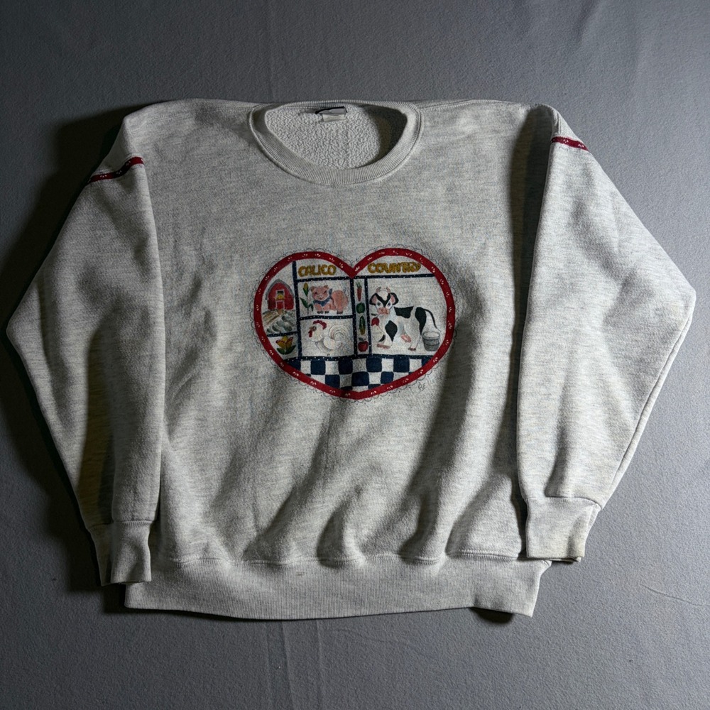 Vintage Lee Sturdy Sweats Gray Calico Country Farm Animal Heart Sweatshirt XL